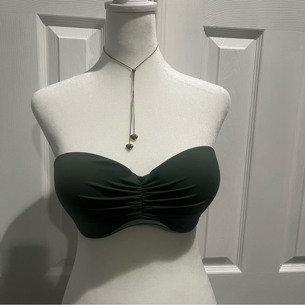 Victorias Secret Olive Green Strapless Bandeau Bikini Top 34D Ruched Swimwear